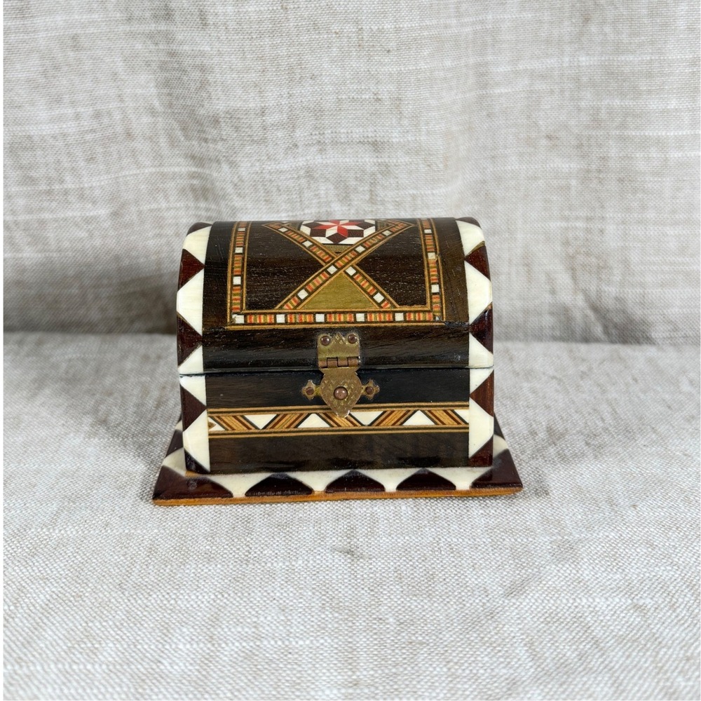 Vintage Marquetry Inlay Wood Bone Trinket Box Small Domed Keepsake Chest Mosaic